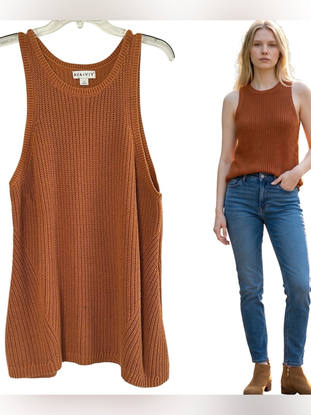 Ava & Viv Ribbed Knit Tank in Rust Brown Women’s Size 1X Loose Fit